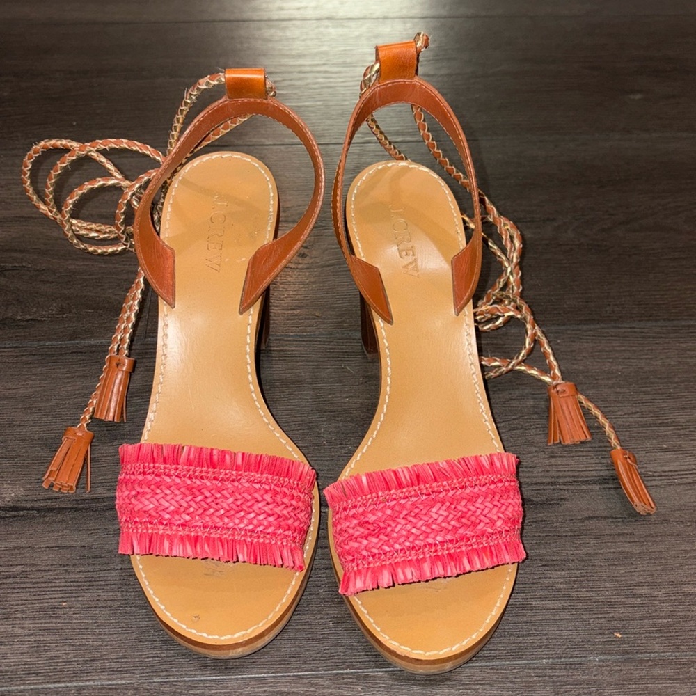 J. Crew Raffia Ankle Tie Block Heel Sandal Size 7 Tan/Pink/Gold - Picture 4 of 15